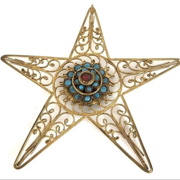 Rare star turquoise coral vintage pendant gold filigree